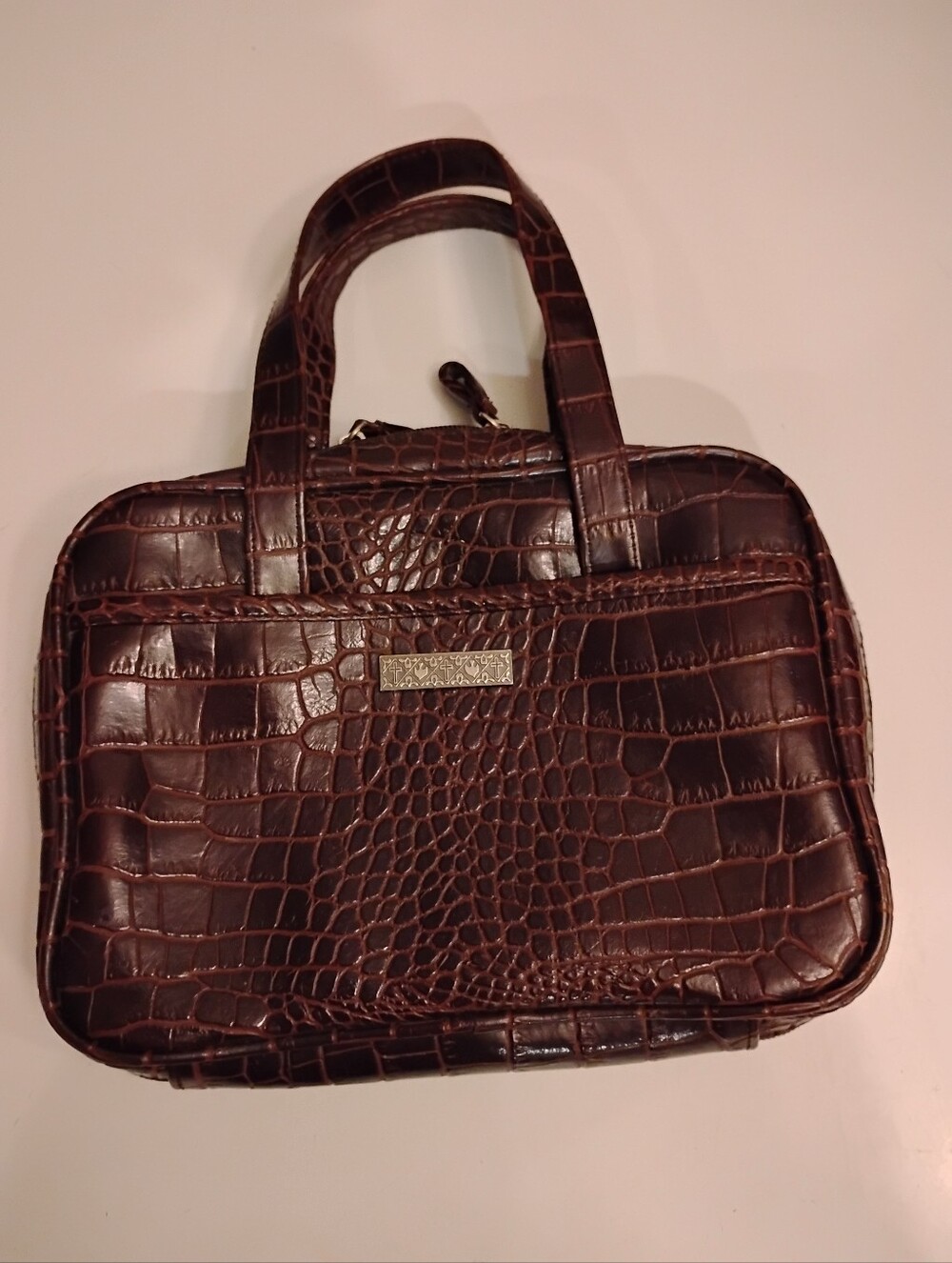 Brown Faux Croc-Embossed Leather Briefcase Tote